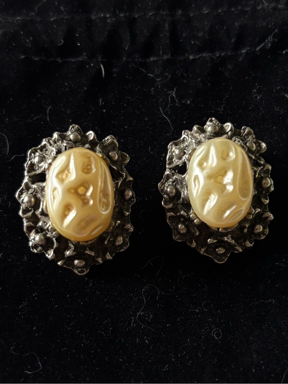 Vintage Faux Pearl Clip-On Earrings Antiqued Silver Tone Floral